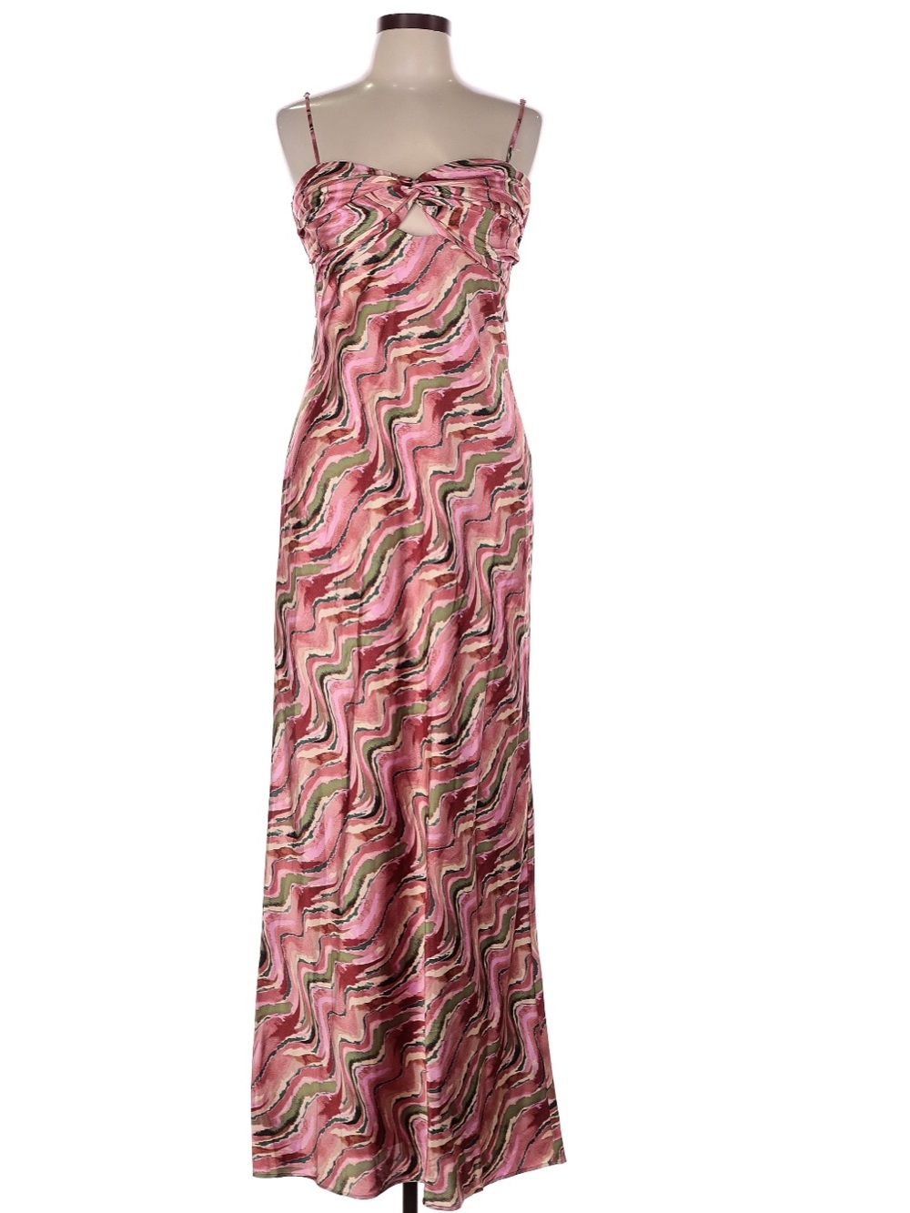 Pink Wave-Print Spaghetti-Strap Maxi Dress